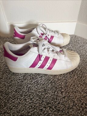 adidas White Sneakers with Pink Stripes